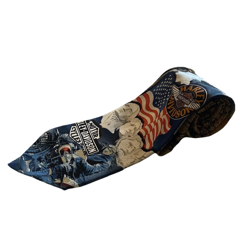 Harley Davidson Men's Ralph Marlin Tie 100% Silk USA FLAG 58", 3.75" EUC
